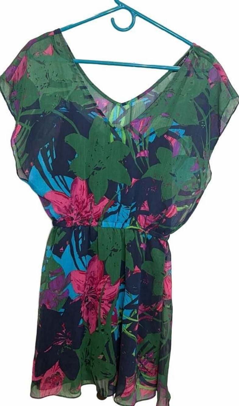 Express Tropical Floral Chiffon Mini Dress Women’s XS Green Pink V-Neck